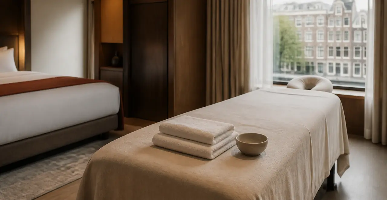 Rustige hotelkamer met massagetafel en opgevouwen handdoeken